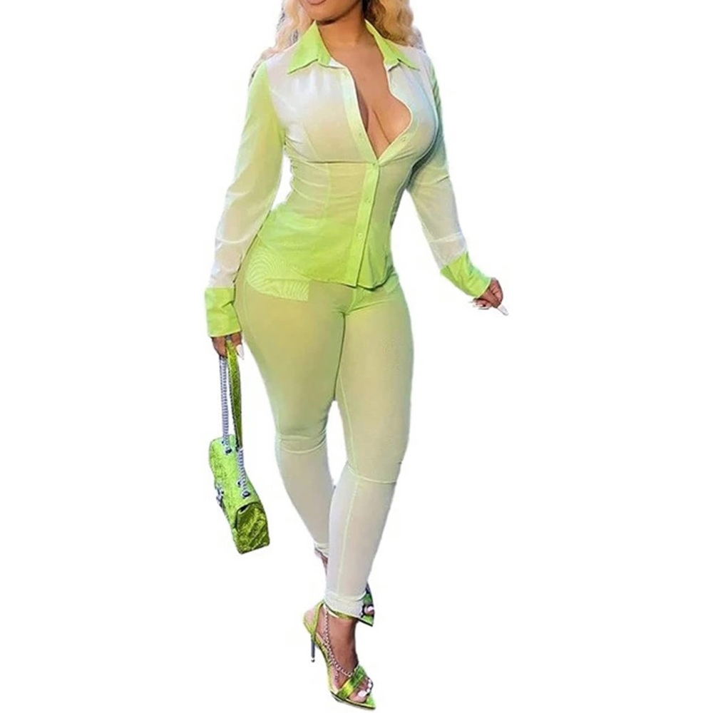 Women Two Piece Button Down Collar Shirt Top and pant Set